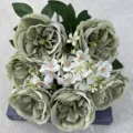 Artificial green rose bouquet with white filler flowers and leaves for home decor and party. - Green