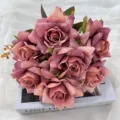 Vintage autumn style artificial rose bouquet, elegant faux flower arrangement for home decor. - Dark Coffee