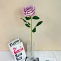 Artificial purple single rose flower with stem and green leaves for home decoration and vase. - Autumn Purple