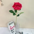 Artificial rose flower single stem with green leaves for home decor wedding floral arrangement. - Red