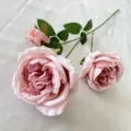 Artificial 3-head pink velvet rose flower branch for home decor and wedding arrangement. - Deep Pink
