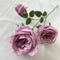 Artificial 3-head dusty pink rose bouquet, soft brushed fabric floral decor for home. - Purple