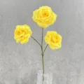Detail view of 3-head yellow artificial silk rose flower, perfect for wedding home decor diy. - Bright yellow