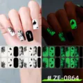 Detailed view of Halloween glow-in-the-dark nail wraps featuring spooky ghost and spider web designs. - Halloween Ghost Spider Web Style (ZE-0864) / Press-on Nails and Nail File
