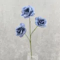 Detailed view of the 3-head artificial blue rose flower branch with realistic fabric petals. - Fog Blue