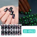 Halloween glow-in-the-dark skull ghost nail wraps detail view showing luminous effect. - Halloween Ghost Pumpkin Style (ZE-0922) / Press-on Nails and Nail File