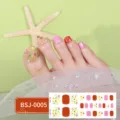Detailed view of semi-cured gel toenail stickers featuring cute floral designs and bright colors. - BSJ-0005