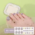 Semi-cured gel toenail strips featuring elegant purple floral designs and sparkling gold glitter. - BSJ-0009
