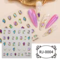 5D embossed laser nail art stickers with gold foil, crystal glue, and nail display tips detail. - RJ-0004