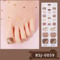 Detailed view of brown semi-cured gel toe nail wraps featuring abstract curved lines. - Brown-Beige Streamline Style (BSJ-0059) / Nail Wraps + Box + Alcohol Pad + Nail File + Wooden Stick