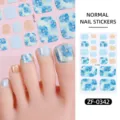 Blue floral toe nail stickers set with glitter details, cute and fresh style for pedicure art. - Blue Gradient Floral Glitter Style(ZF-0342)