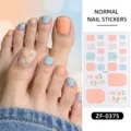 Cute floral toe nail wraps stickers waterproof pink and blue striped fake toenails decors - Blue White Stripe Floral Style(ZF-0375)