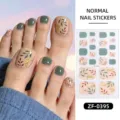 Green and beige leaf toe nail stickers with gold foil design cute and bright style. - Green Leaf Gold Stamping Style(ZF-0395)