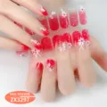 Red gradient nail stickers with white floral art and sparkling rhinestones for chic women - Floral Rhinestone Style (ZX-3297)