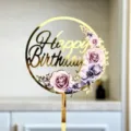 Χρυσό ακρυλικό τοππερ τούρτας Happy Birthday με μωβ φλοράλ εκτύπωση για διακόσμηση. - Happy Birthday Chromati Ektyposi 7 / Χρυσό