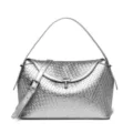 Silver woven leather shoulder bag with metallic lock closure, stylish chic crossbody handbag. - Silver