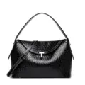 Elegant black woven leather women's shoulder bag with metallic lock and stylish crossbody strap. - Black