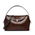 Woven leather crossbody bag for women, stylish shoulder bag with metal lock and top handle. - Brown