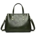 Dark green wax leather handbag with embossed floral pattern, stylish women top handle tote bag - Green
