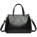 Black floral embossed leather handbag, elegant top handle shoulder bag for women daily use. - Black