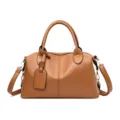 Sac Boston en cuir véritable grain litchi marron sac à main classique sac bandoulière femme - Jaune