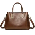 Brown leather top handle handbag with embossed floral pattern, elegant shoulder tote bag. - Brown