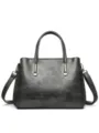Dark grey embossed leather handbag, elegant floral pattern tote bag with shoulder strap. - Gray