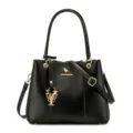 Black lychee grain lady handbag with gold hardware pendant, elegant commuting shoulder tote. - Black