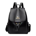 Black leather backpack with tassels, stylish women's casual school bookbag and daypack. - Black