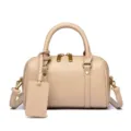 Beige small leather Boston bag, chic pillow crossbody bag with top handles and gold hardware. - Khaki