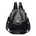 Black PU Leather Backpack Vintage Women School Bag Multifunctional Casual Daypack - Black