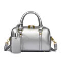 Silver leather small Boston bag, stylish metallic pillow handbag with crossbody strap. - Silver