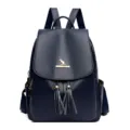 Women's leather backpack with tassels, stylish dark blue school bookbag for daily casual wear. - Dark Blue