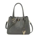 Grey leather tote bag for women with embossed large letters, top handles, and shoulder strap. - Gray