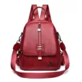 Red oil wax leather women convertible backpack casual multiuse travel shoulder school bag - Red