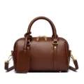 Stylish brown leather Boston bag with gold hardware, chic handbag and crossbody design. - Brown