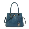 Blue leather handbag for women, elegant commuter shoulder bag with embossed letters and metal pendant. - Blue