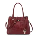 Burgundy leather women handbag with embossed letters, top handles and metal flower charm. - Red