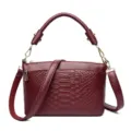 Burgundy crocodile pattern leather handbag, chic top handle crossbody bag for women. - Red