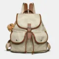 Casual canvas backpack with brown leather trim and cute furry monkey pendant style. - Off White