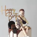 Detail view of custom birthday cake topper with gold acrylic sign and cute figurine. - Gold Birthday Style D / Approx. 10cm Width