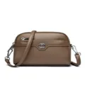 Brown leather double layer crossbody bag, elegant shell style shoulder bag with silver hardware. - Gray