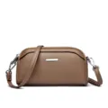 Brown leather crossbody phone bag with double zipper and chic silver bar, stylish women shoulder bag. - Camel