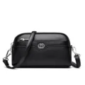 Black leather crossbody phone bag with double zipper and silver hardware for women - Black