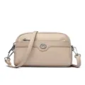 Beige leather double-layer crossbody phone bag with silver heart metal accent for women - Apricot