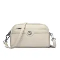 Beige leather double layer crossbody bag with metal heart logo, stylish compact shell handbag. - Off White