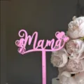Pink mirror acrylic Mama cake topper detail, elegant heart design for Mother's Day celebration. - Mama / Width Approx. 7-9cm / Mirror Rose Red