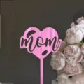 Pink mirror acrylic cake topper with mom text design for Mother's Day party dessert decoration. - Love Mom / Width Approx. 7-9cm / Mirror Rose Red