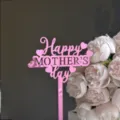 Close-up of pink mirror acrylic Happy Mother's Day cake topper with floral background detail. - Happy Mother's Day / Width Approx. 7-9cm / Mirror Rose Red