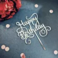 Acryl Happy Birthday Tortenaufsatz Detailansicht, ideal für Geburtstagstisch Dekoration. - Stil 01 / Breite 10cm / Silber